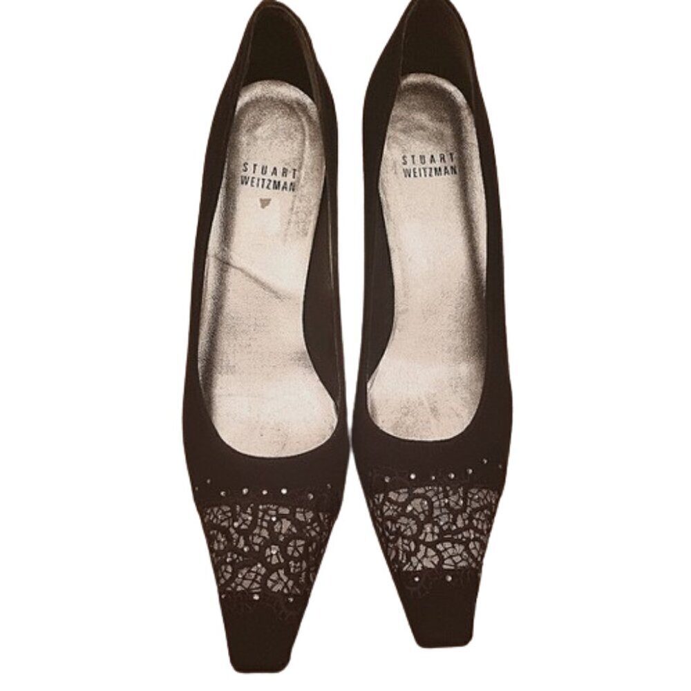 Stuart Weitzman 7.5N Red Carpet Chic black square toe rhinestone kitty heel pump